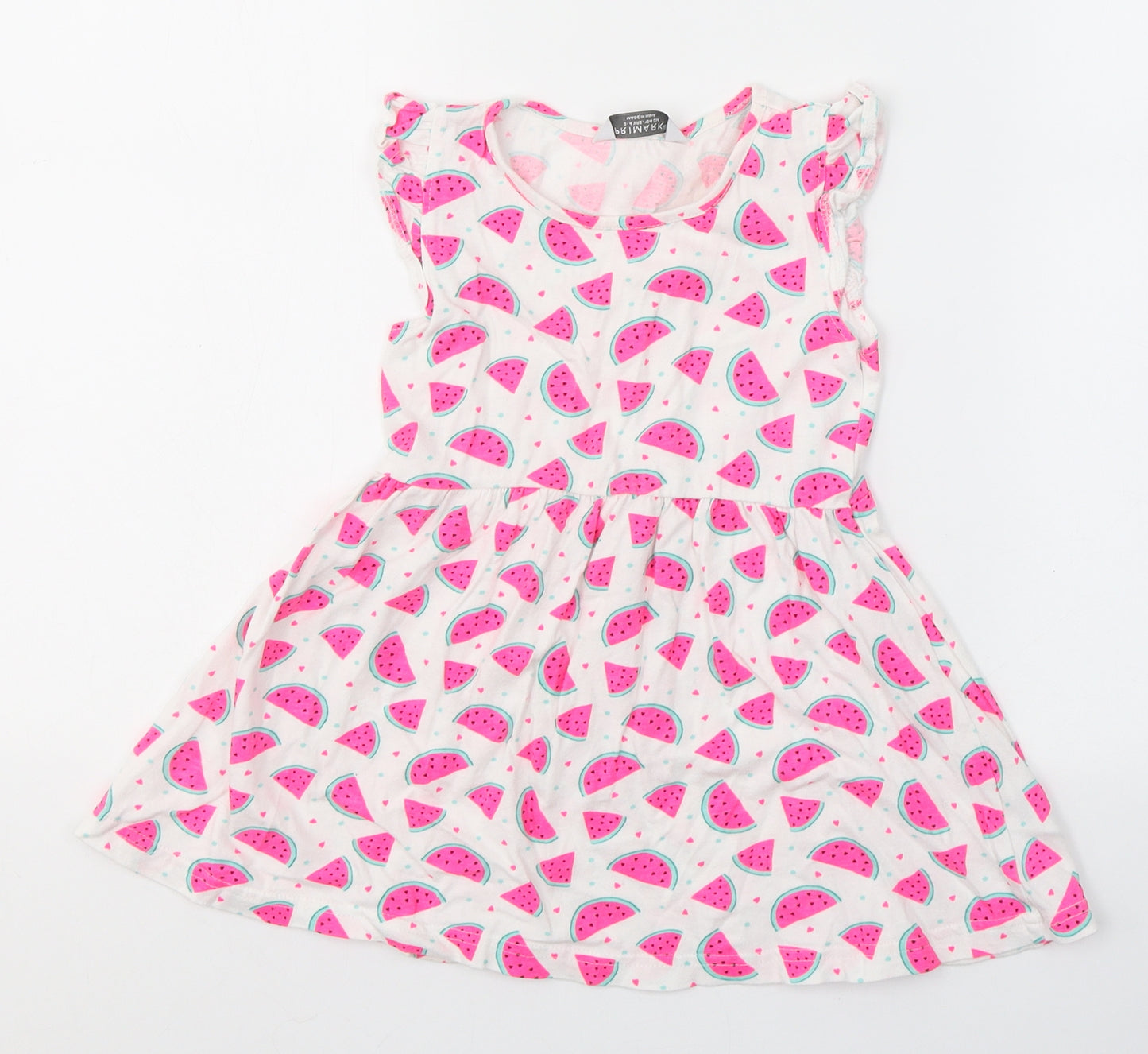 Primark Girls White Geometric Cotton Fit & Flare  Size 3-4 Years  Round Neck Pullover
