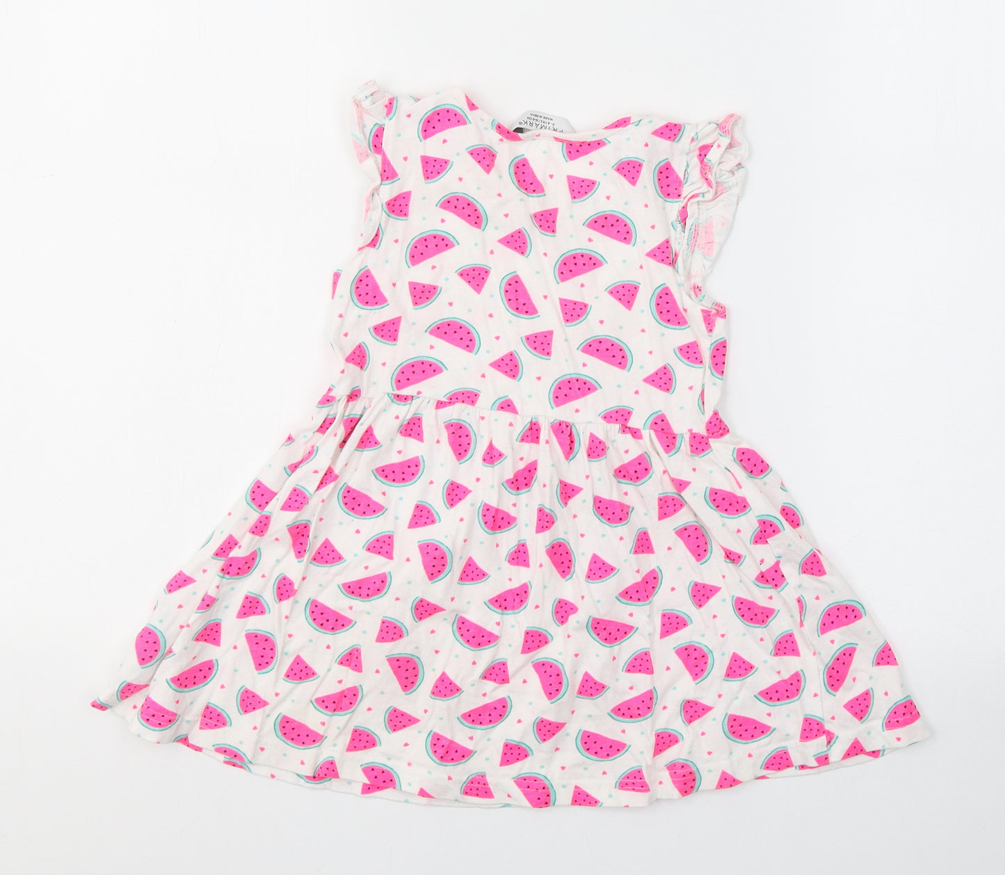 Primark Girls White Geometric Cotton Fit & Flare  Size 3-4 Years  Round Neck Pullover