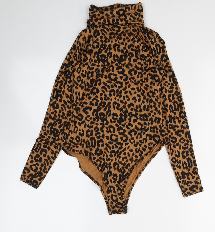 PRETTYLITTLETHING Womens Orange Animal Print Viscose Bodysuit One-Piece Size 6 Button