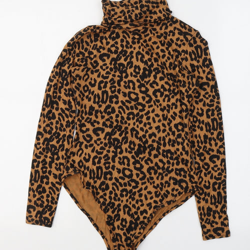 PRETTYLITTLETHING Womens Orange Animal Print Viscose Bodysuit One-Piece Size 6  Button