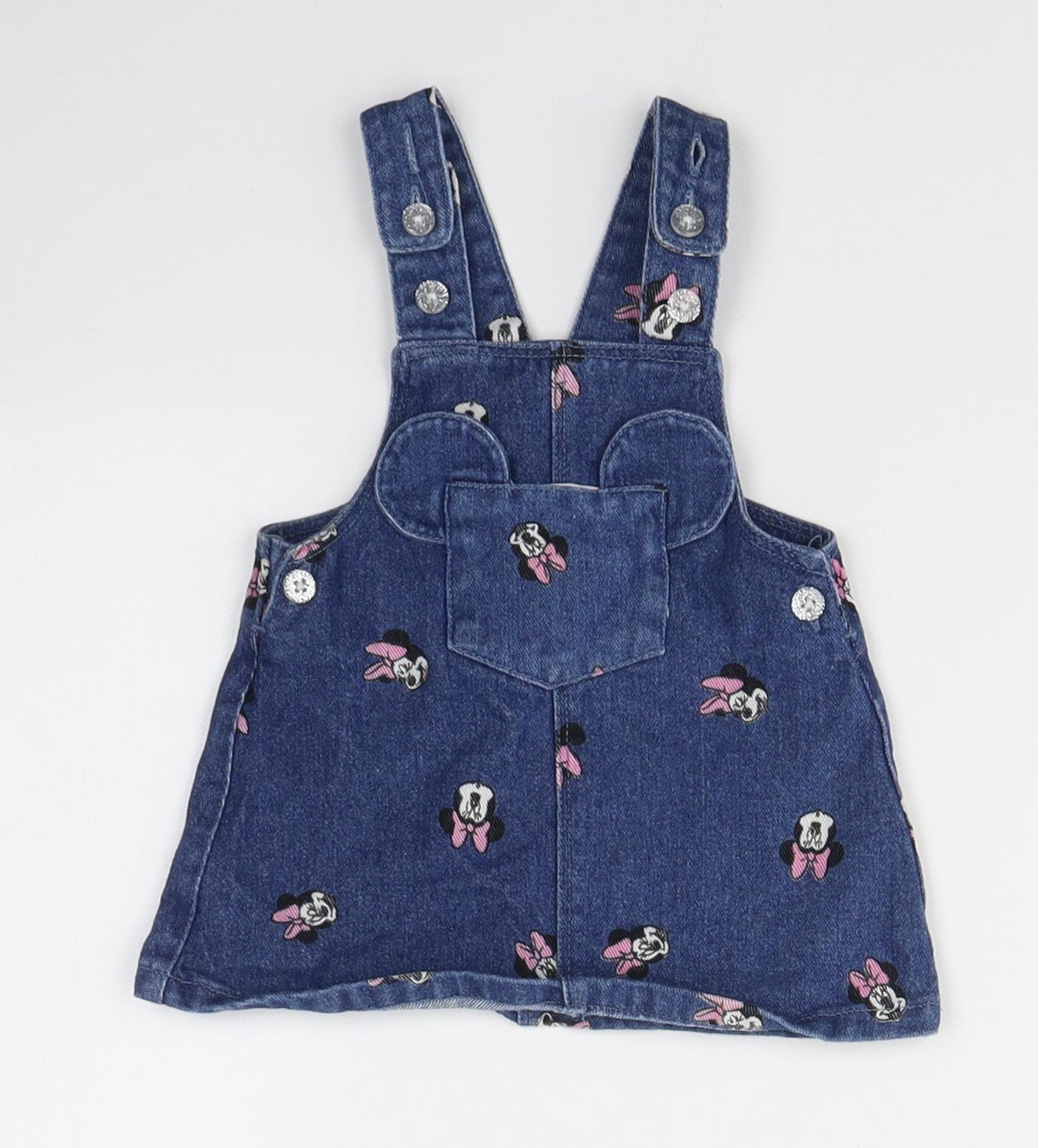 Disney Girls Blue  Cotton Pinafore/Dungaree Dress  Size 0-3 Months  Square Neck Button - Minnie mouse