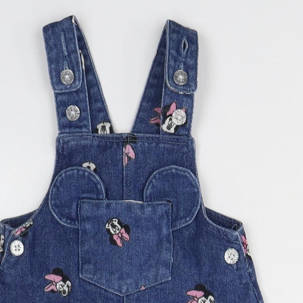 Disney Girls Blue  Cotton Pinafore/Dungaree Dress  Size 0-3 Months  Square Neck Button - Minnie mouse