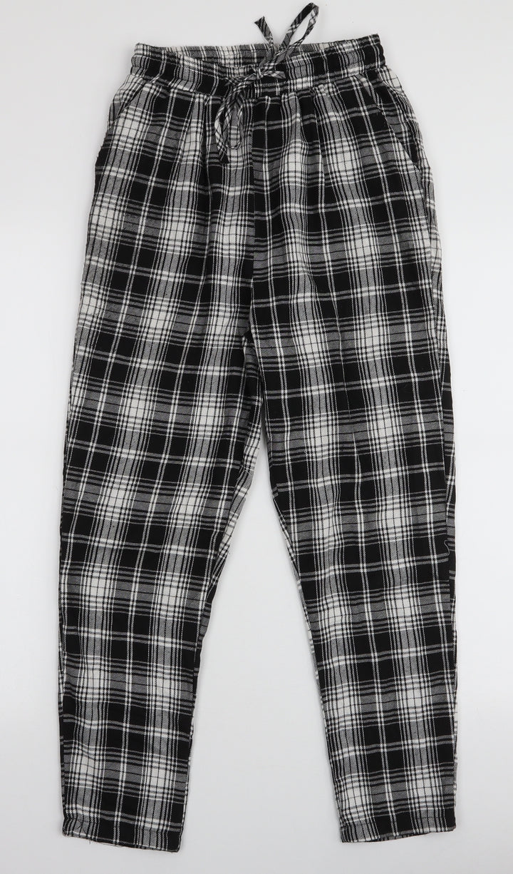 PRETTYLITTLETHING Womens Black Plaid Polyester Trousers  Size 6 L25 in Slim Drawstring