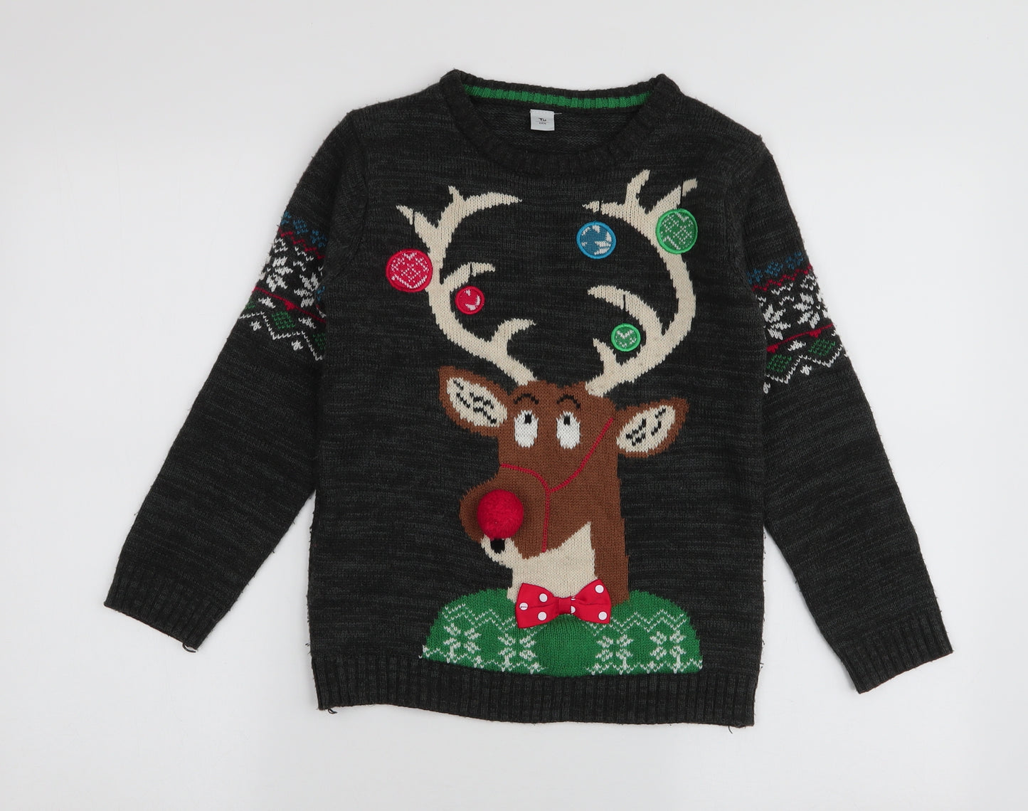 TU Boys Grey Round Neck Fair Isle Acrylic Pullover Jumper Size 9 Years  Pullover - Reindeer Christmas