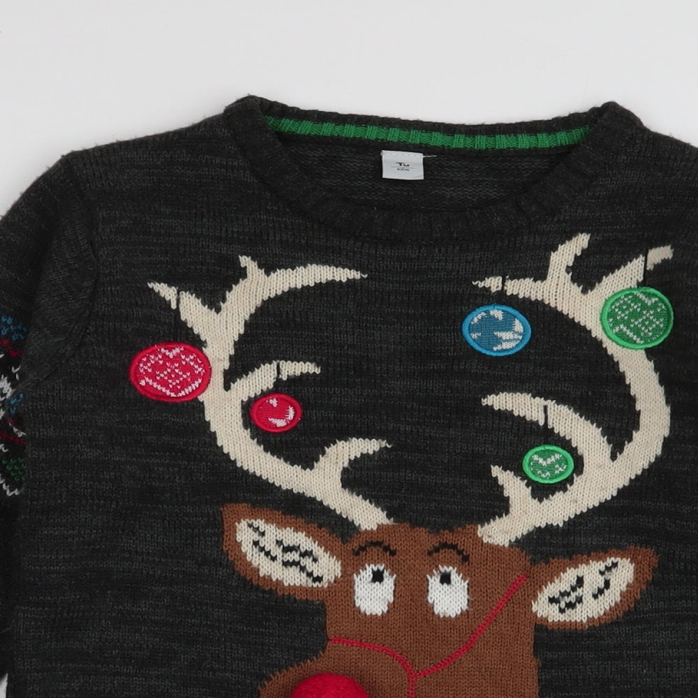 TU Boys Grey Round Neck Fair Isle Acrylic Pullover Jumper Size 9 Years  Pullover - Reindeer Christmas