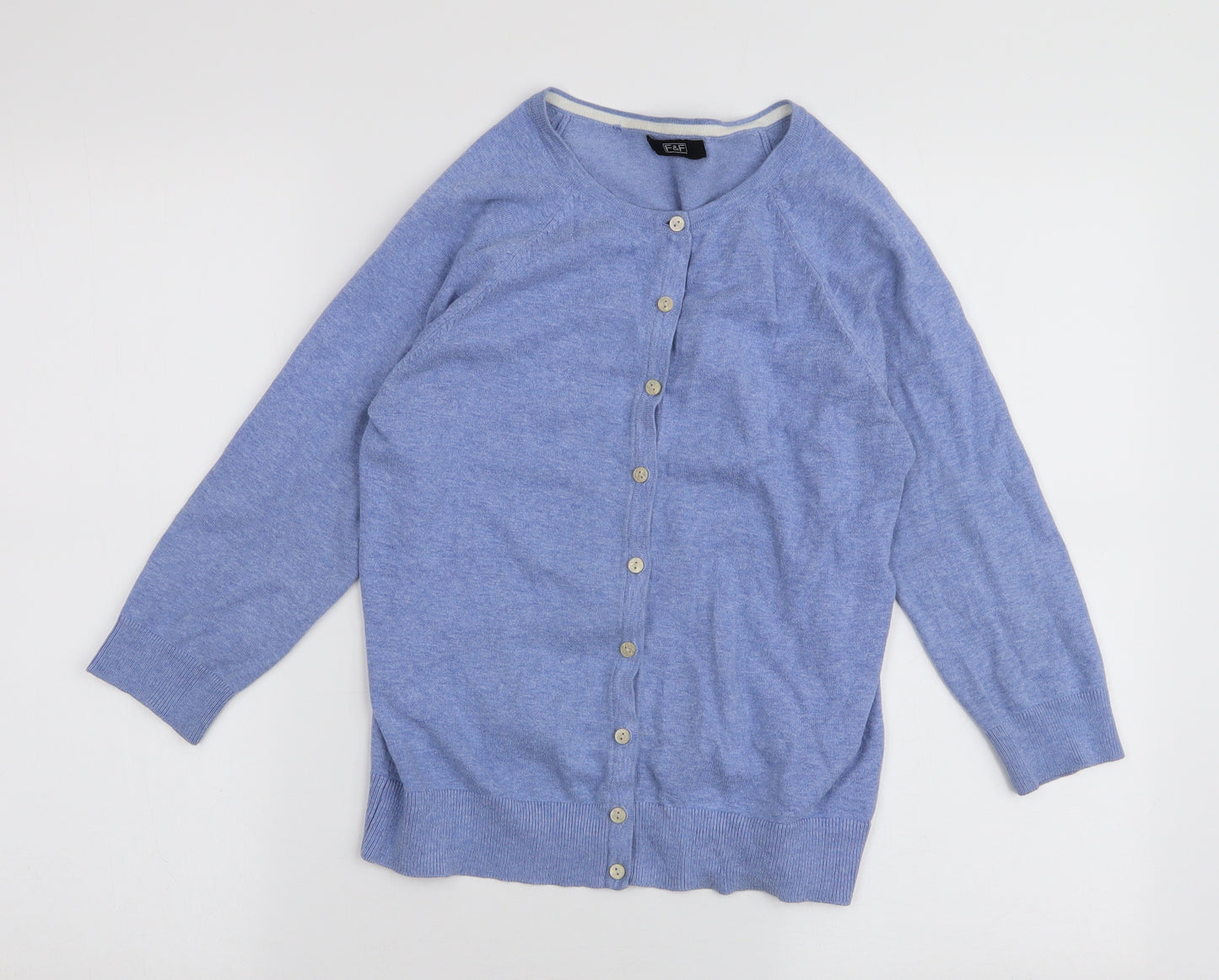 F&F Womens Blue Round Neck  Cotton Cardigan Jumper Size 12