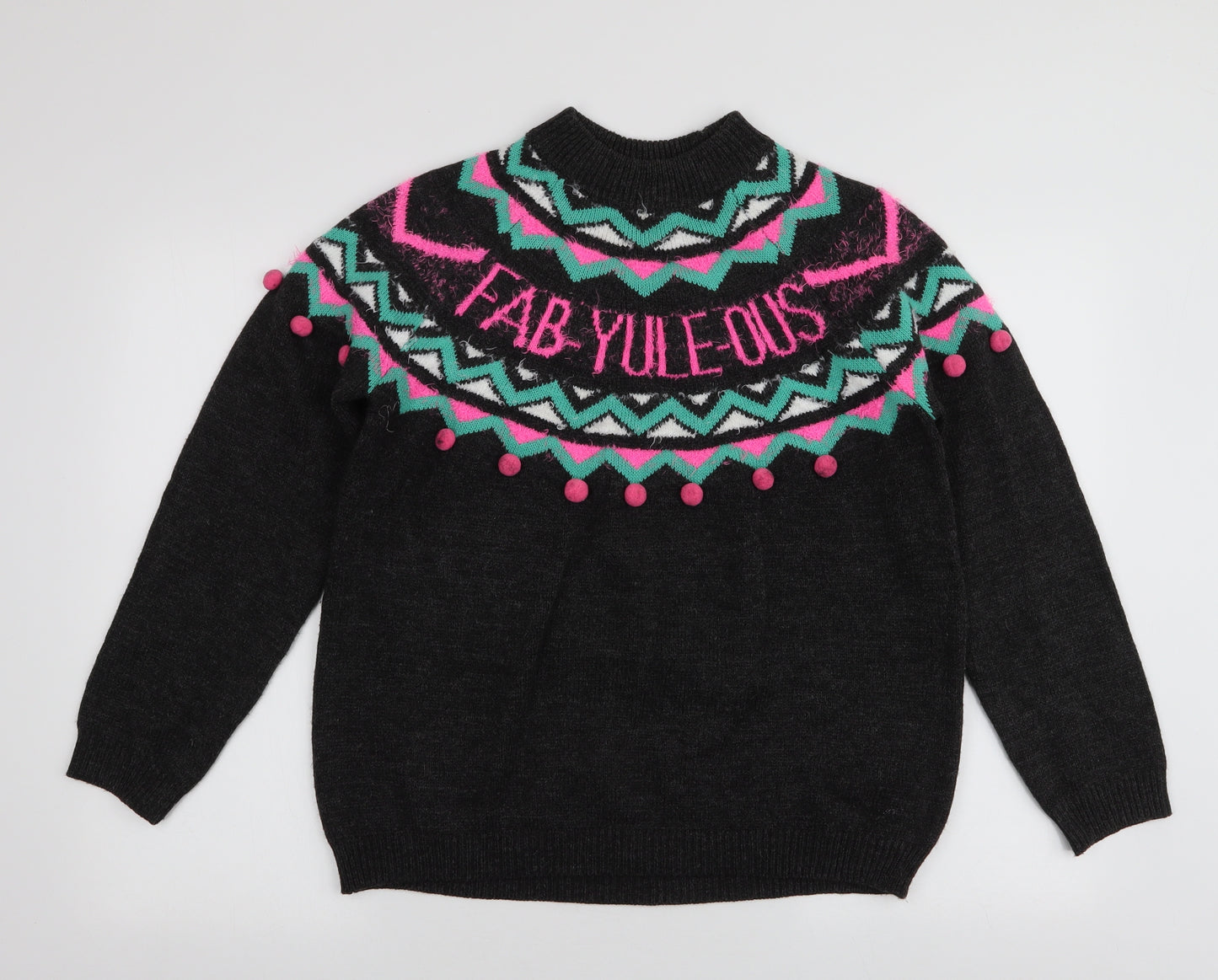 Papaya Womens Grey Round Neck Fair Isle Acrylic Pullover Jumper Size M   - Christmas