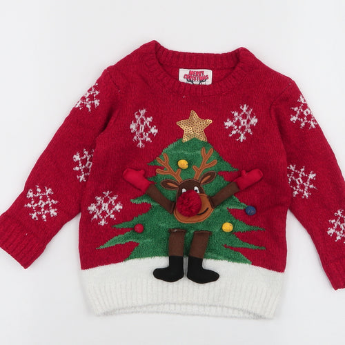 F&F Boys Red  Acrylic Pullover Jumper Size 12-18 Months  Pullover - Reindeer Christmas tree