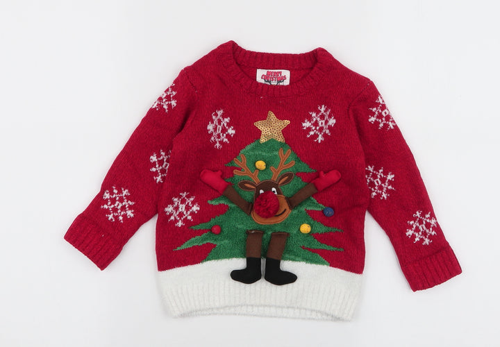 F&F Boys Red Acrylic Pullover Jumper Size 12-18 Months Pullover - Reindeer Christmas tree
