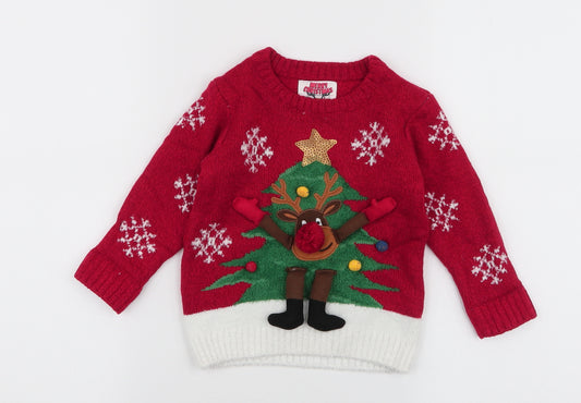 Front view of F&F boys’ red acrylic jumper, size 12-18, months pullover - reindeer christmas tree
