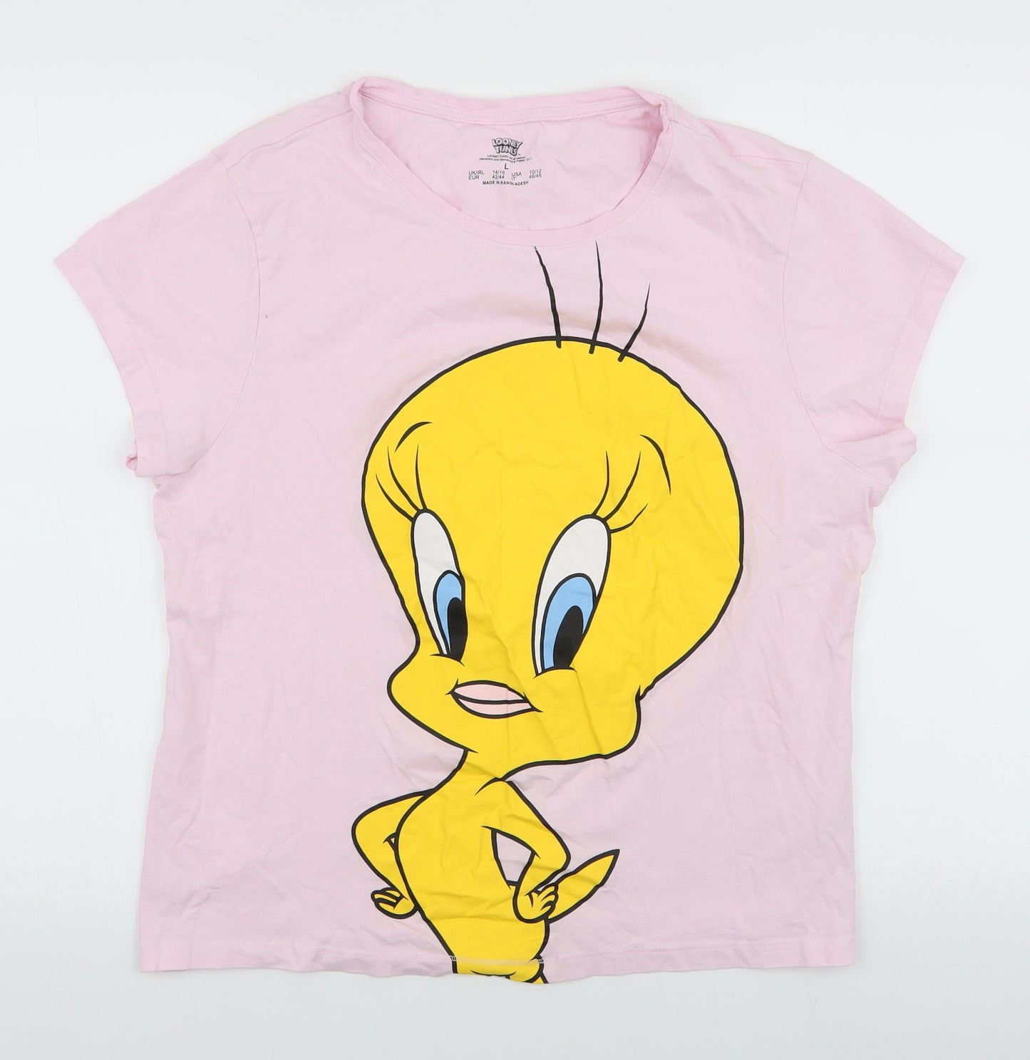 Primark Womens Pink  100% Cotton Jersey T-Shirt Size L Round Neck - Looney Tunes Tweety Pie