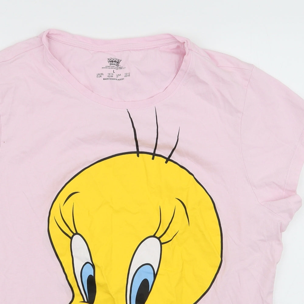 Primark Womens Pink  100% Cotton Jersey T-Shirt Size L Round Neck - Looney Tunes Tweety Pie