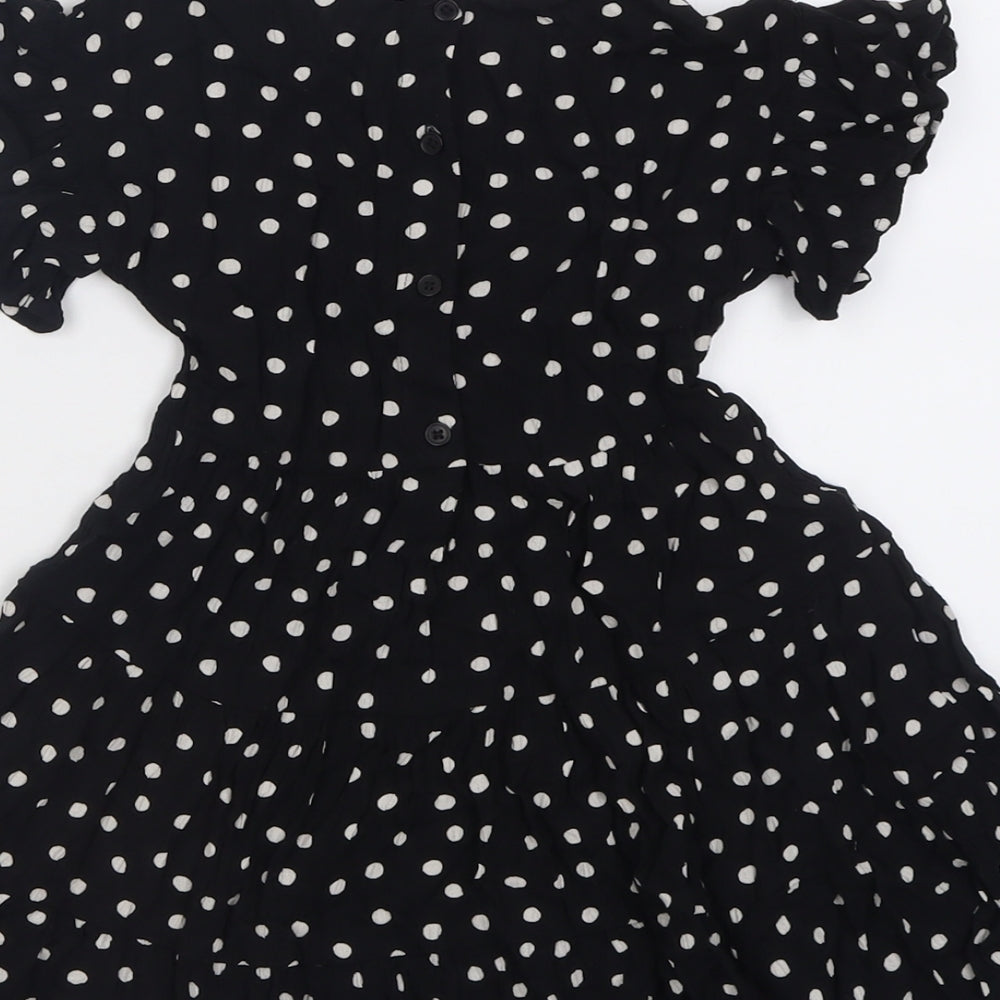 NEXT Girls Black Polka Dot Viscose Fit & Flare  Size 5 Years  Crew Neck Button