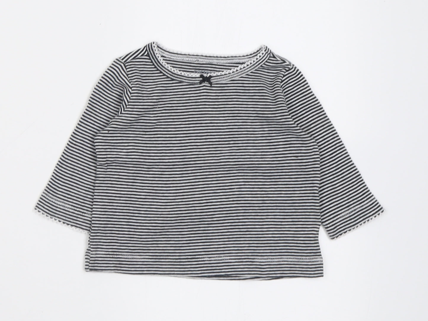 Preworn Girls Black Striped Cotton Basic Casual Size 0-3 Months Crew Neck Pullover