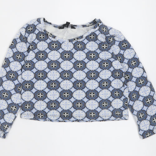 Matalan Girls Blue Geometric Cotton Cropped T-Shirt Size 9 Years Crew Neck Pullover
