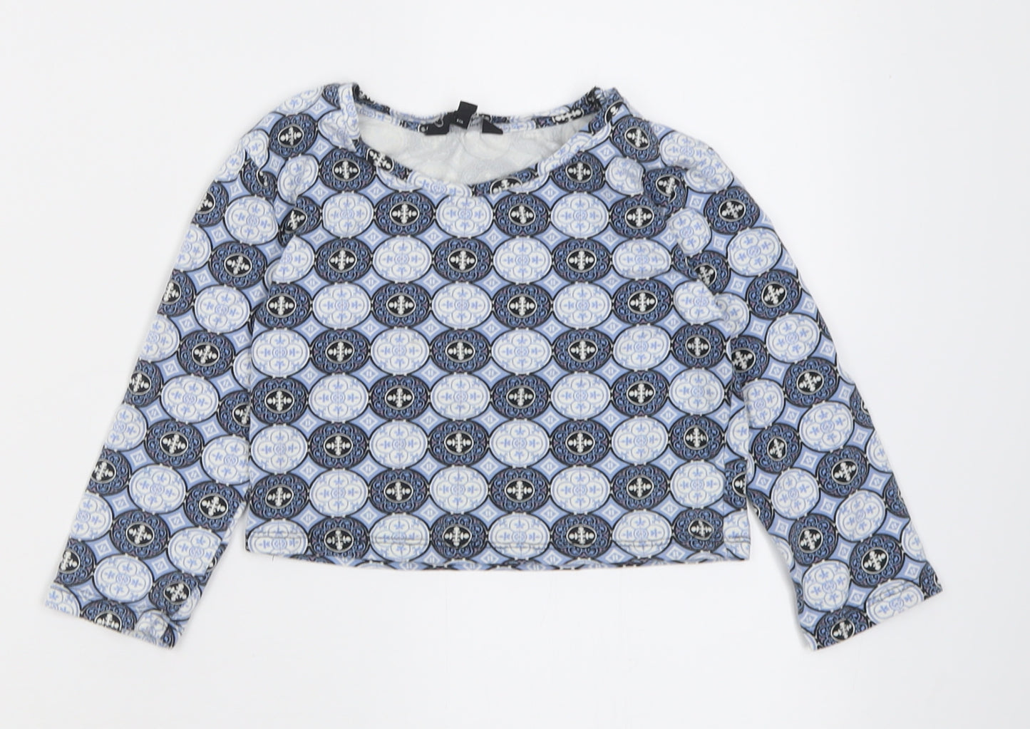 Matalan Girls Blue Geometric Cotton Cropped T-Shirt Size 9 Years Crew Neck Pullover