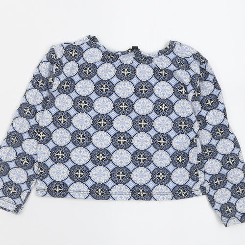 Matalan Girls Blue Geometric Cotton Cropped T-Shirt Size 9 Years Crew Neck Pullover