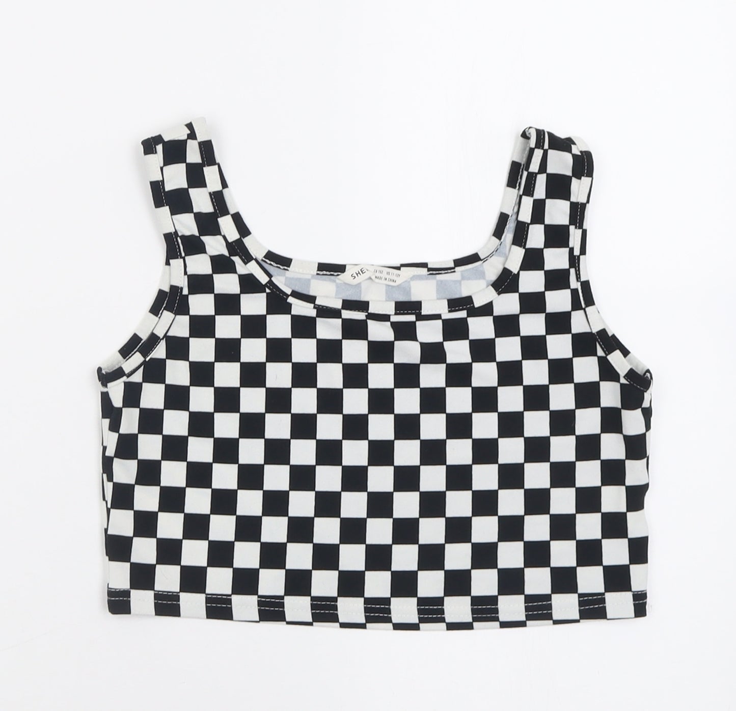 SheIn Girls White Check Polyester Cropped Tank Size 11-12 Years Scoop Neck Pullover