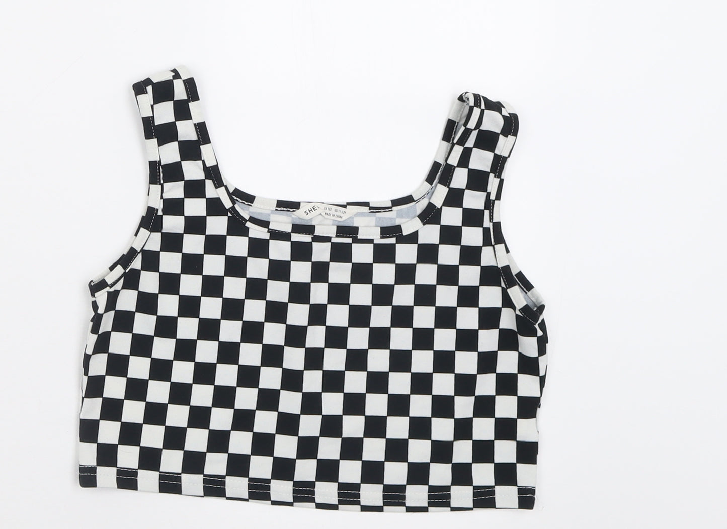 SheIn Girls White Check Polyester Cropped Tank Size 11-12 Years Scoop Neck Pullover
