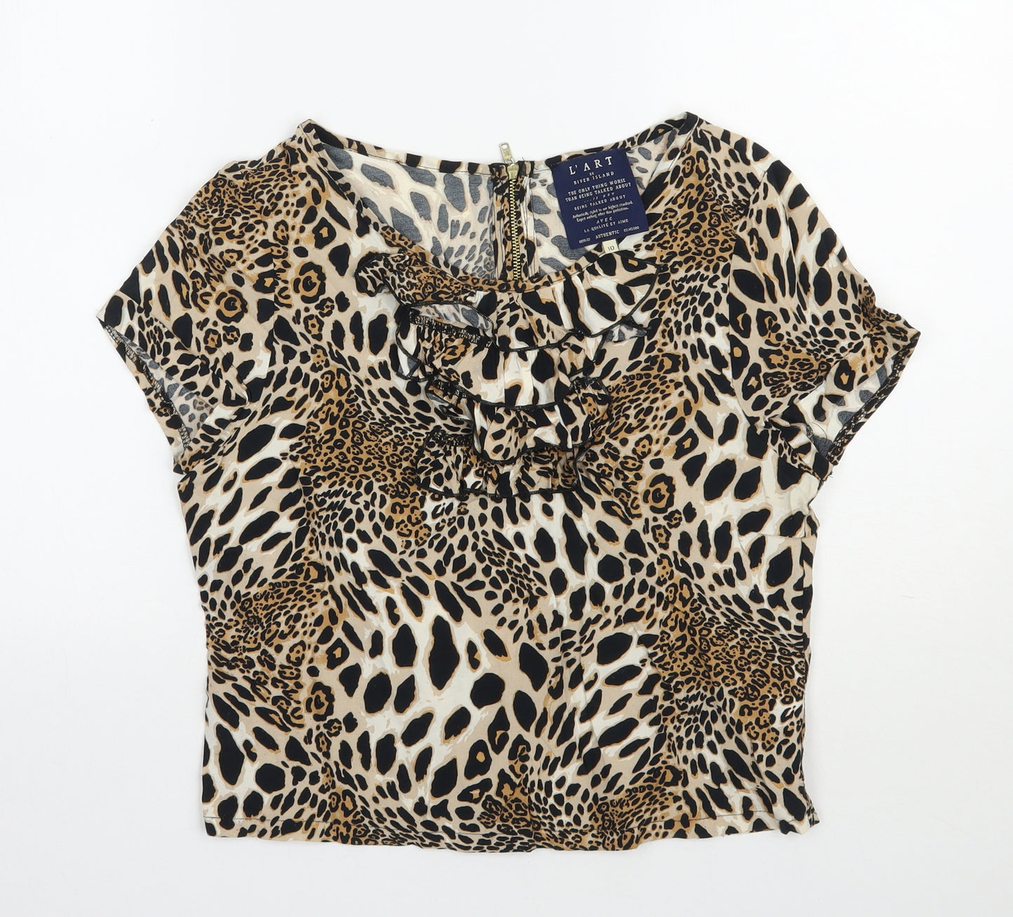 L'ART  Womens Beige Animal Print Viscose Basic Blouse Size 10 Round Neck