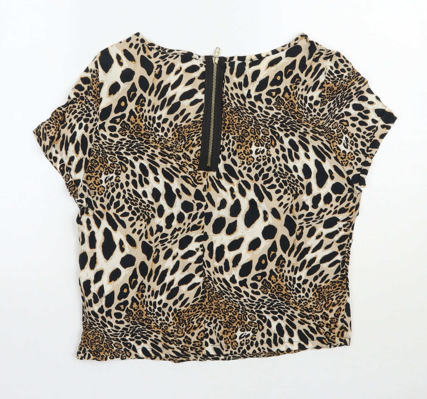 L'ART  Womens Beige Animal Print Viscose Basic Blouse Size 10 Round Neck
