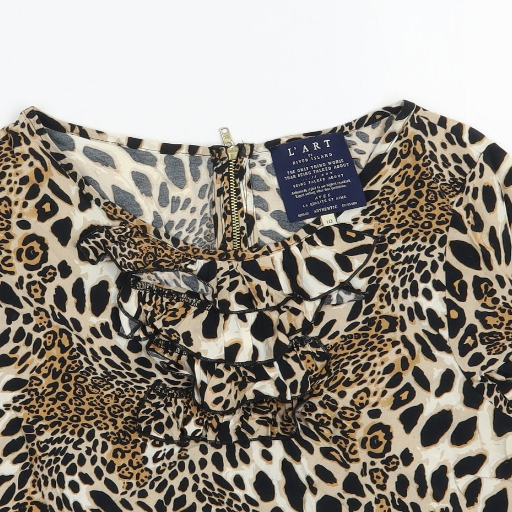 L'ART  Womens Beige Animal Print Viscose Basic Blouse Size 10 Round Neck