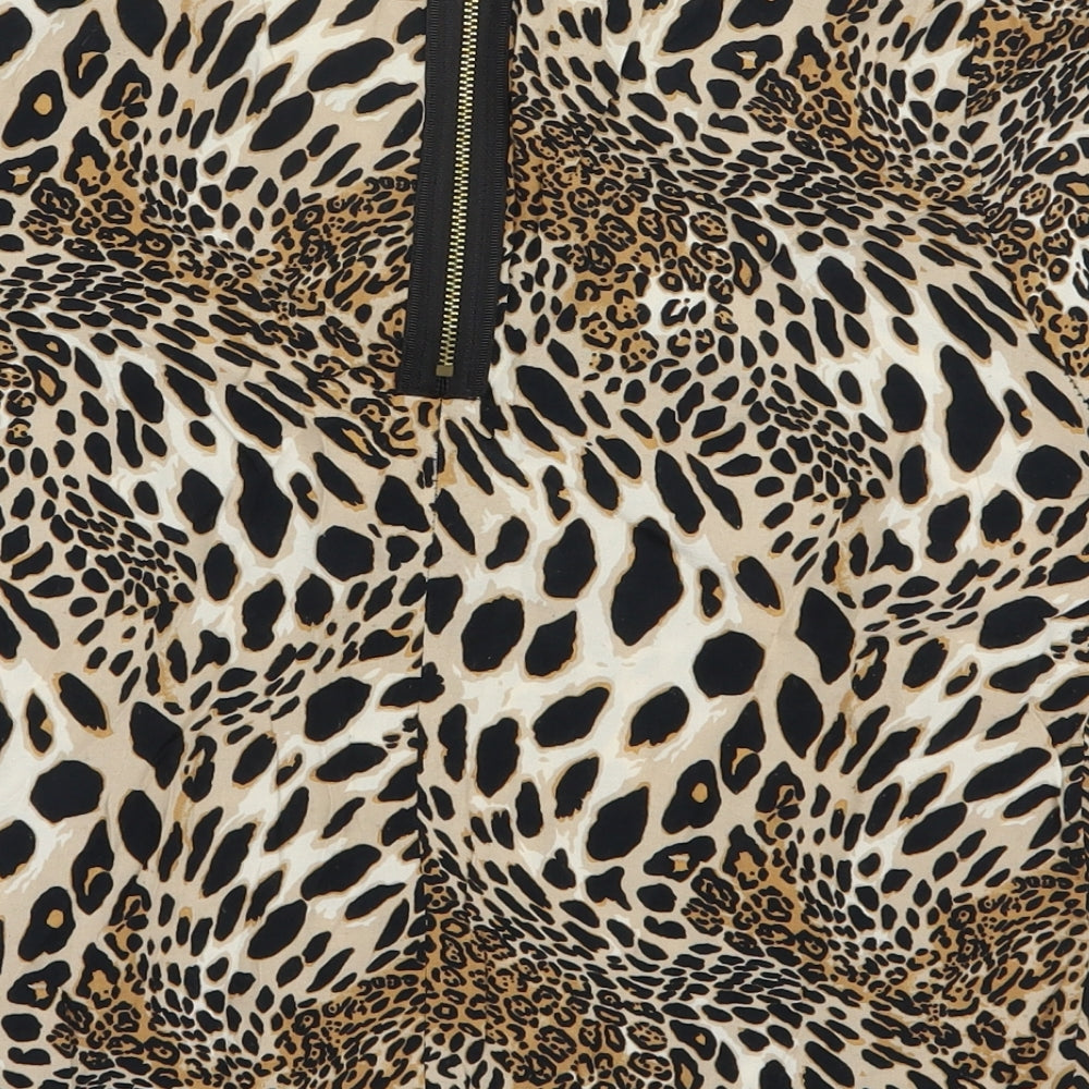 L'ART  Womens Beige Animal Print Viscose Basic Blouse Size 10 Round Neck