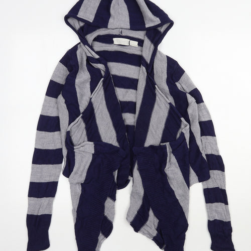 Allison Brittney Womens Blue V-Neck Striped Acrylic Cardigan Jumper Size M