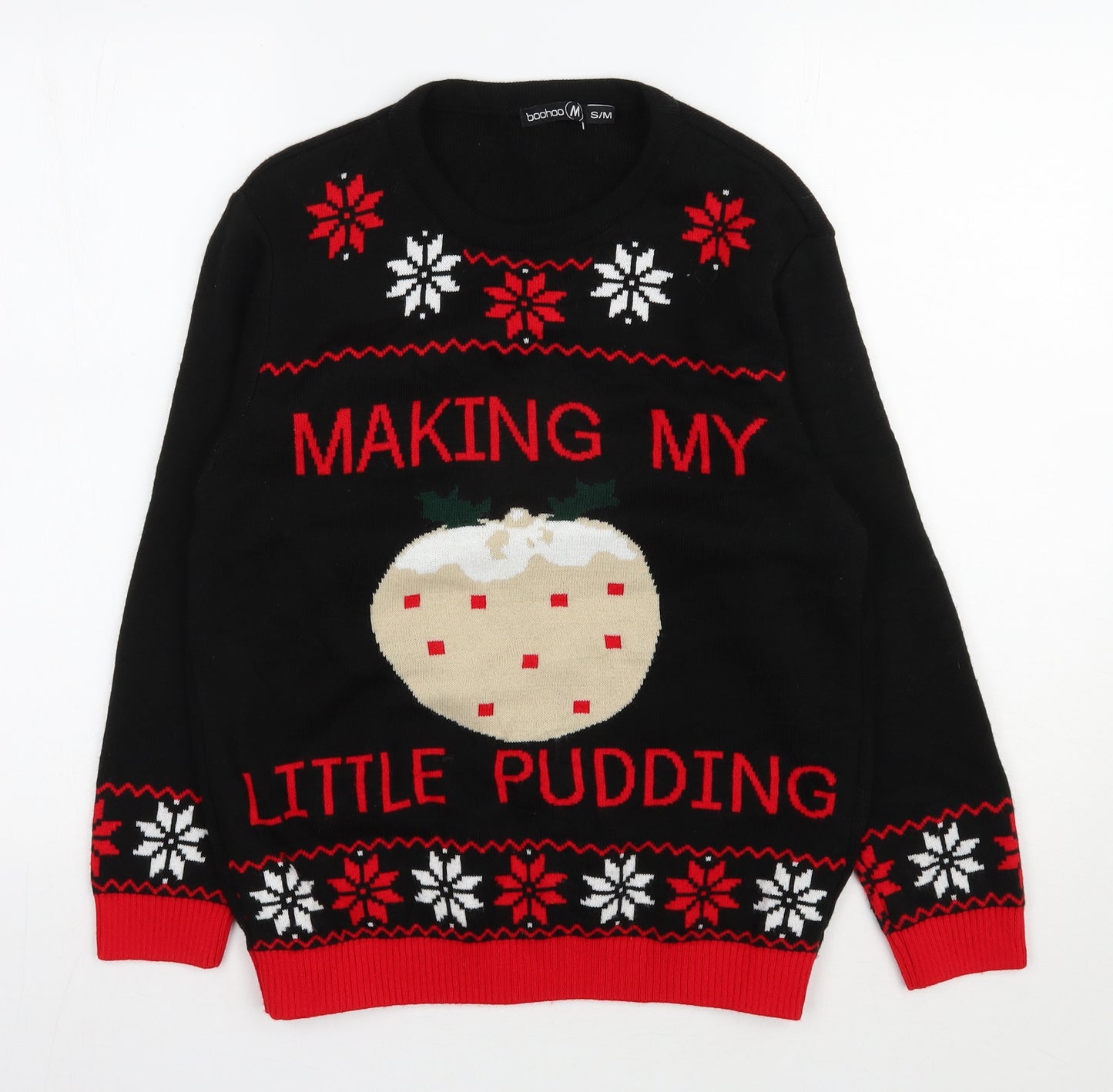 Boohoo Womens Black Round Neck  Acrylic Pullover Jumper Size S   - Christmas Jumper