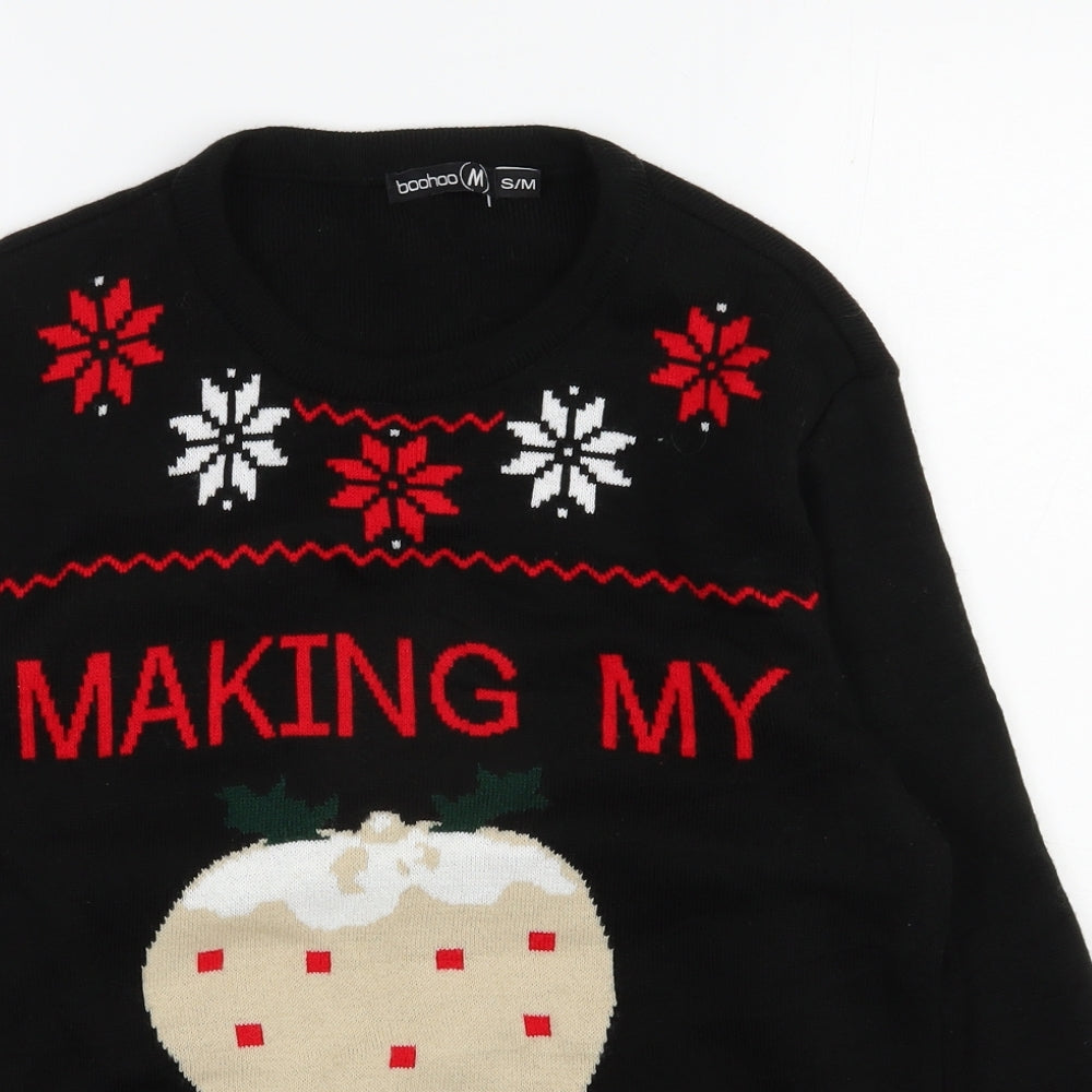 Boohoo Womens Black Round Neck  Acrylic Pullover Jumper Size S   - Christmas Jumper