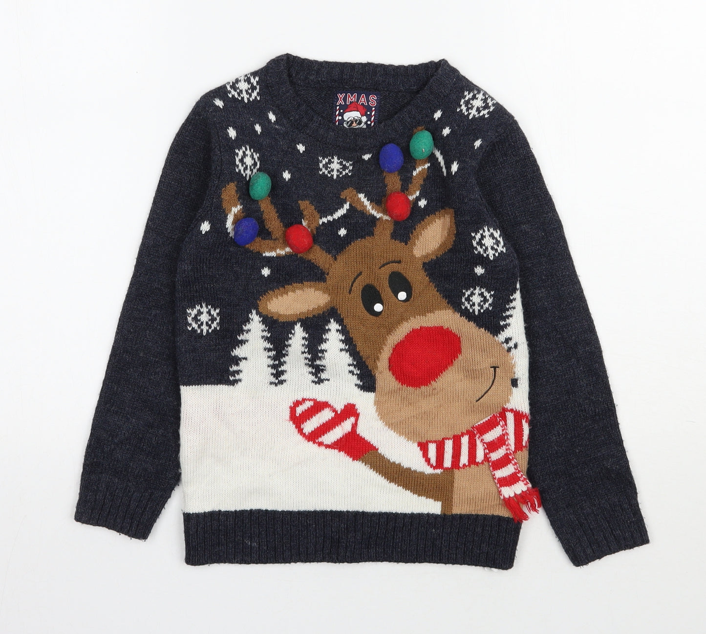 F&F Boys Blue Round Neck  Acrylic Pullover Jumper Size 6-7 Years  Pullover - Christmas Jumper