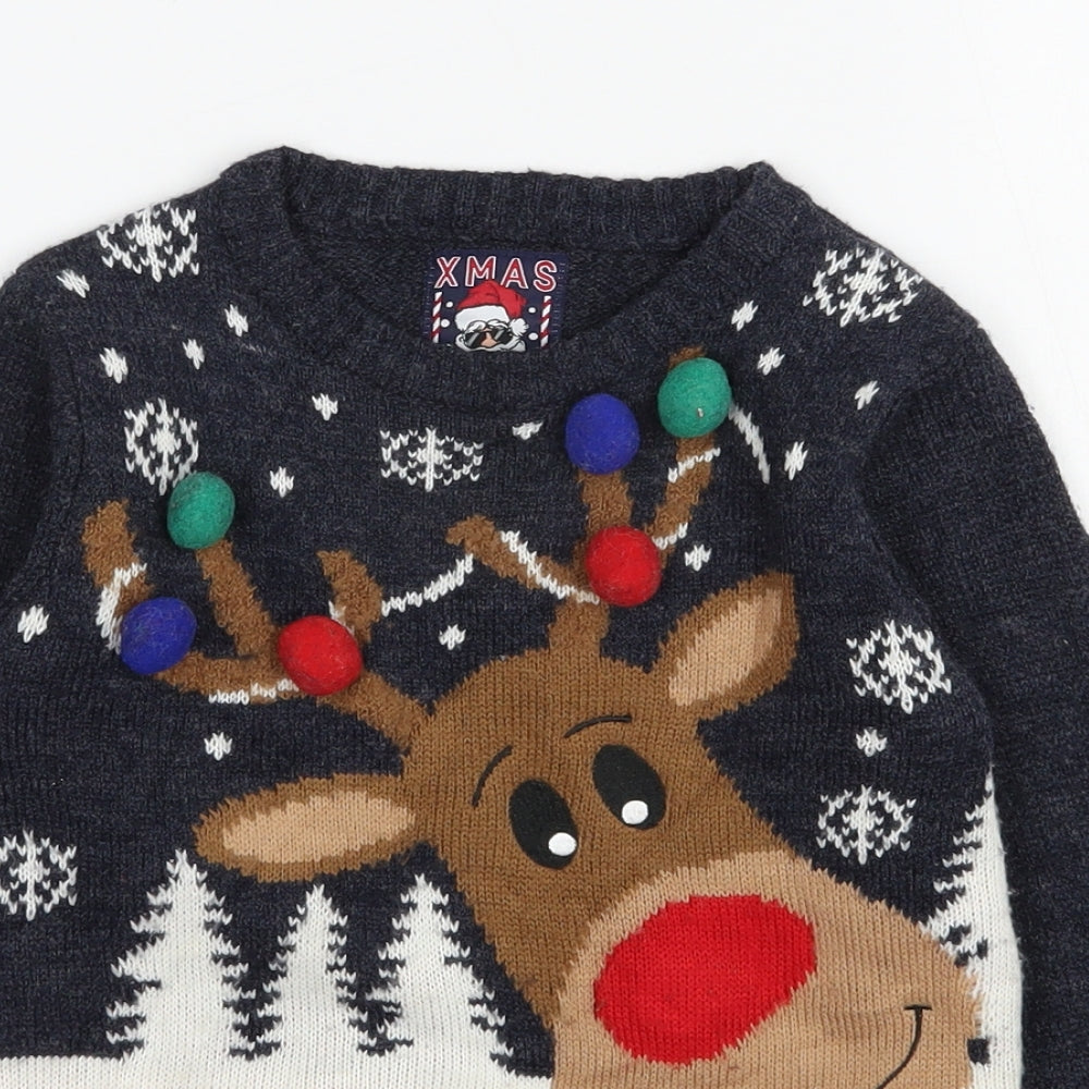 F&F Boys Blue Round Neck  Acrylic Pullover Jumper Size 6-7 Years  Pullover - Christmas Jumper