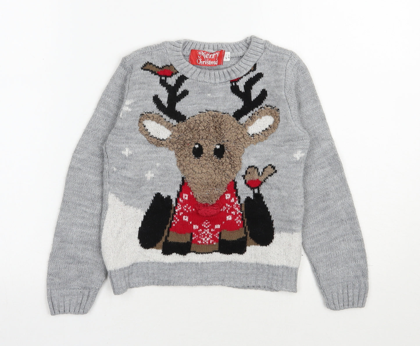 Merry Christmas  Boys Grey Round Neck  Acrylic Pullover Jumper Size 3-4 Years  Pullover - Christmas Jumper