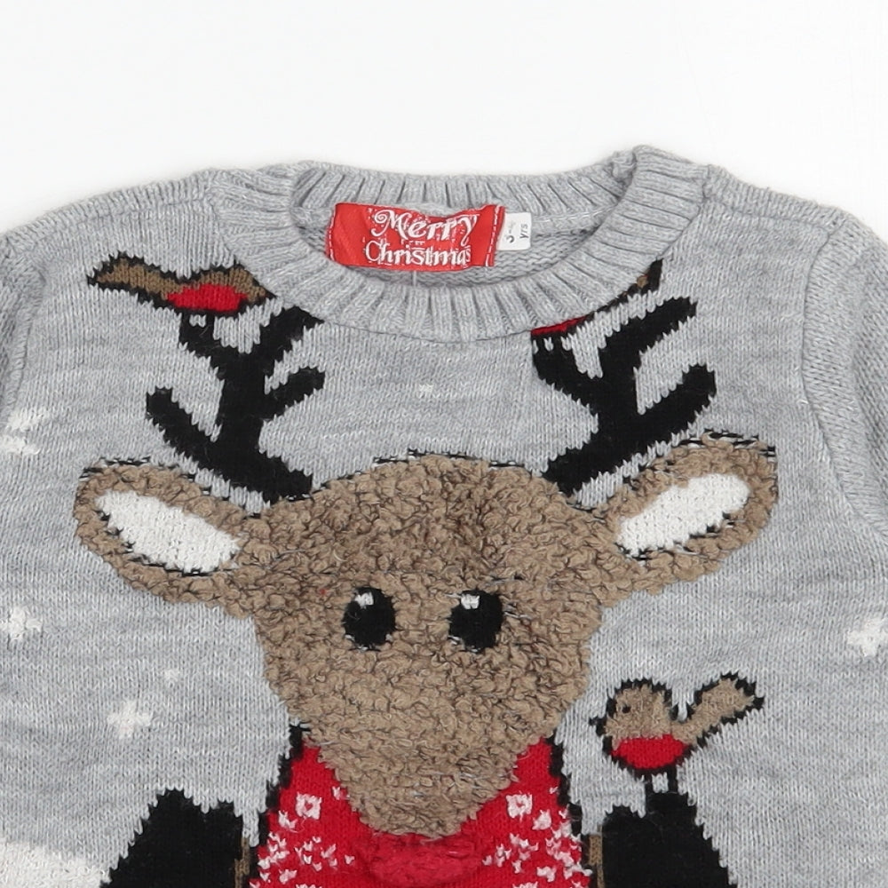 Merry Christmas  Boys Grey Round Neck  Acrylic Pullover Jumper Size 3-4 Years  Pullover - Christmas Jumper