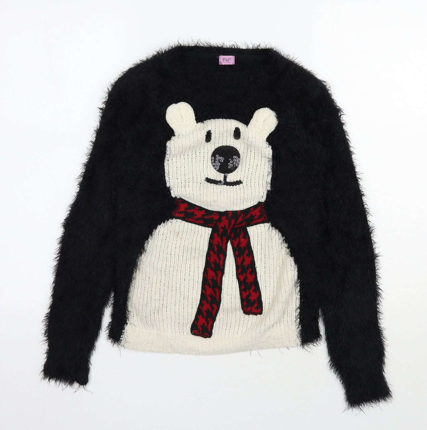 F&F Girls Black Round Neck  Nylon Pullover Jumper Size 11-12 Years  Pullover - Christmas Jumper