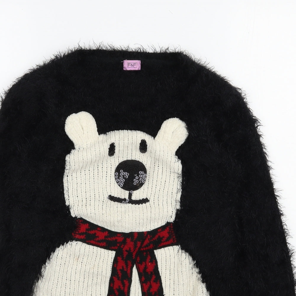 F&F Girls Black Round Neck  Nylon Pullover Jumper Size 11-12 Years  Pullover - Christmas Jumper