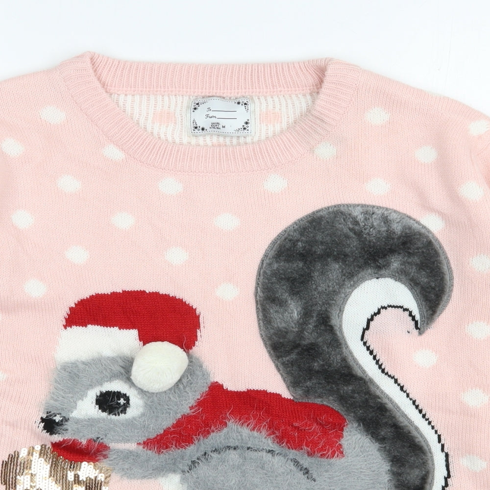 Primark Womens Pink Round Neck Polka Dot Acrylic Pullover Jumper Size M   - Christmas Jumper