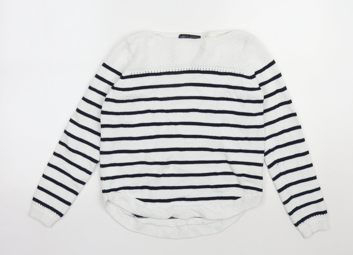 Marks and Spencer Womens White Boat Neck Striped Cotton Pullover Jumper Size 8