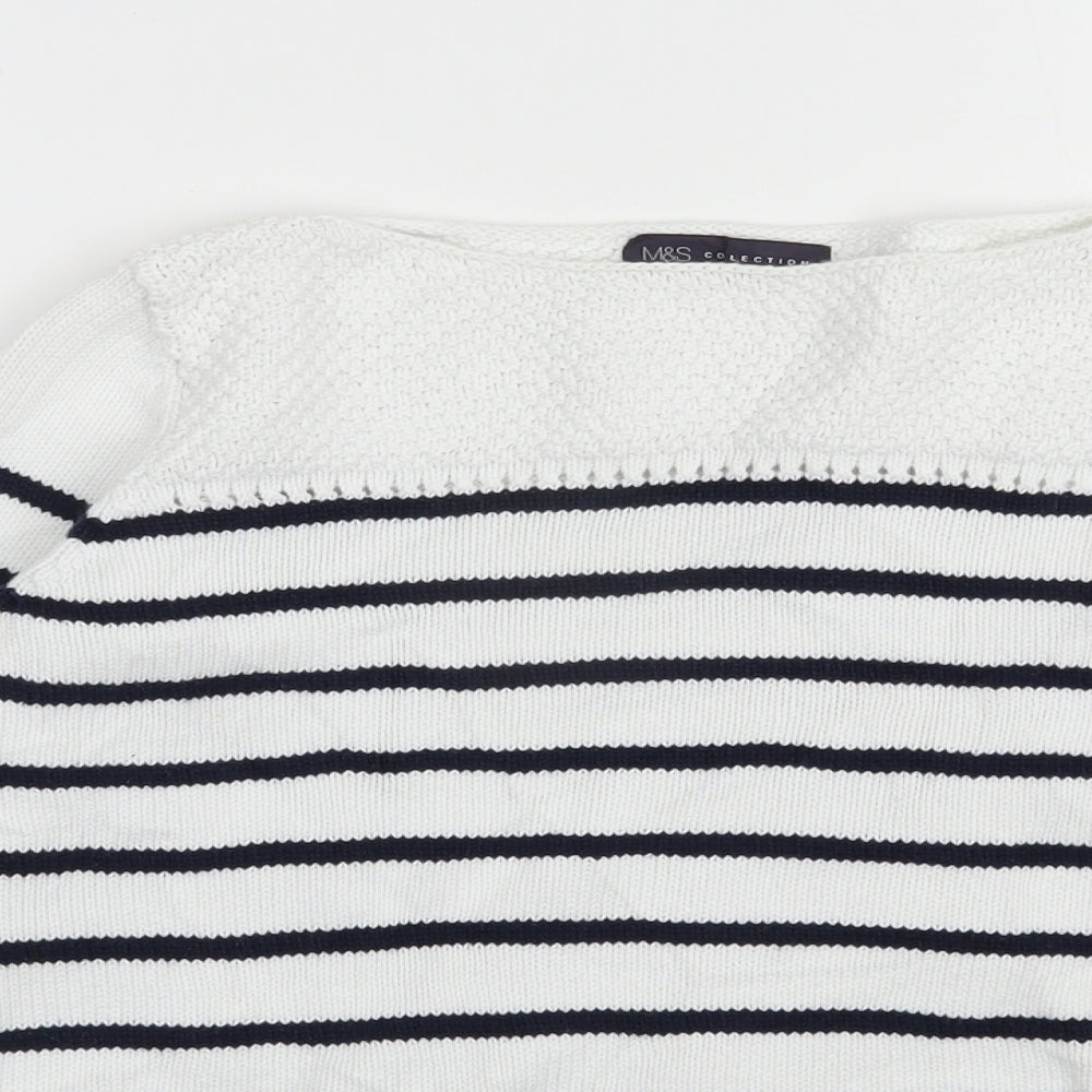 Marks and Spencer Womens White Boat Neck Striped Cotton Pullover Jumper Size 8