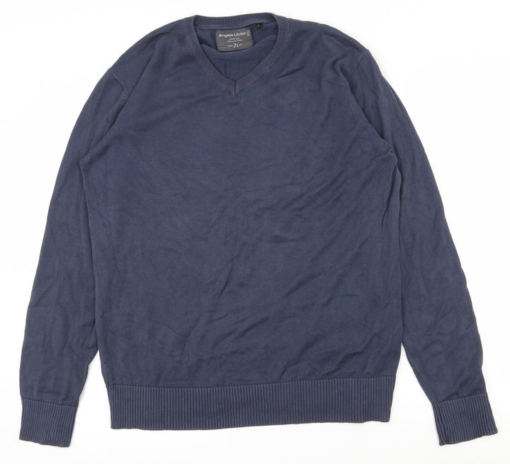 Angelo Litrico Mens Blue V-Neck Cotton Pullover Jumper Size L