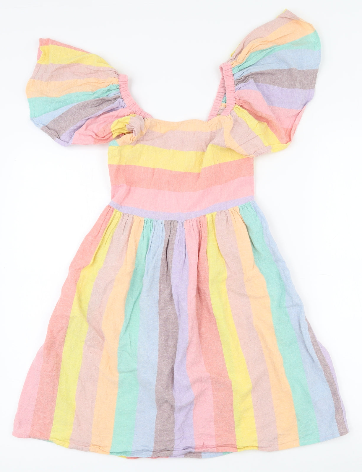 NEXT Girls Multicoloured Striped Cotton Fit & Flare  Size 7 Years  Square Neck Button
