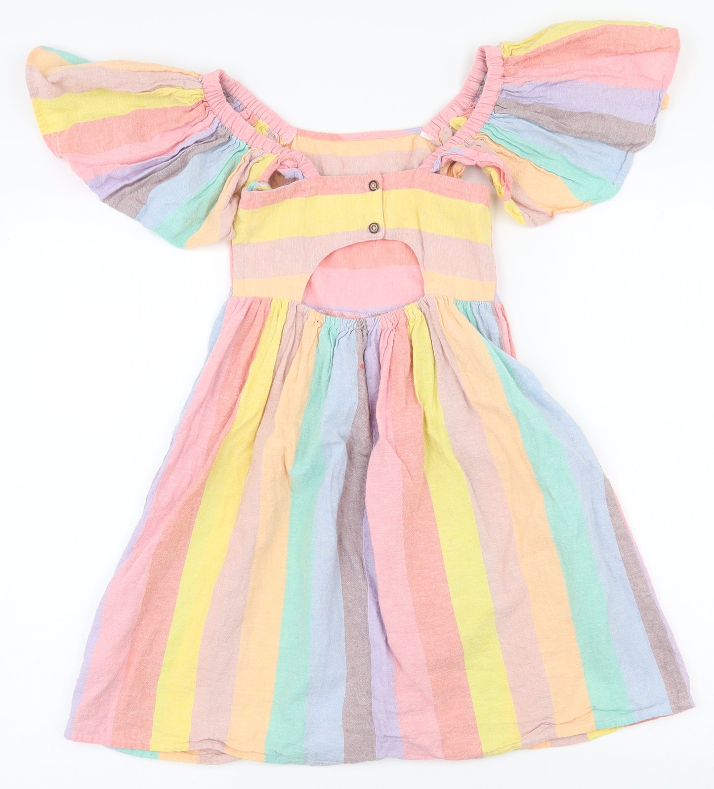 NEXT Girls Multicoloured Striped Cotton Fit & Flare  Size 7 Years  Square Neck Button