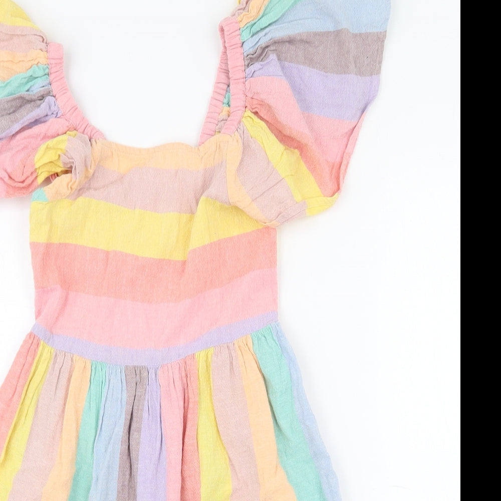 NEXT Girls Multicoloured Striped Cotton Fit & Flare  Size 7 Years  Square Neck Button