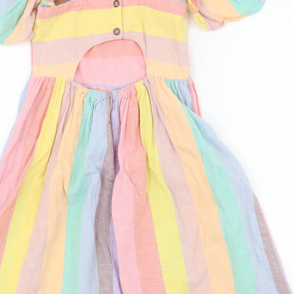 NEXT Girls Multicoloured Striped Cotton Fit & Flare  Size 7 Years  Square Neck Button