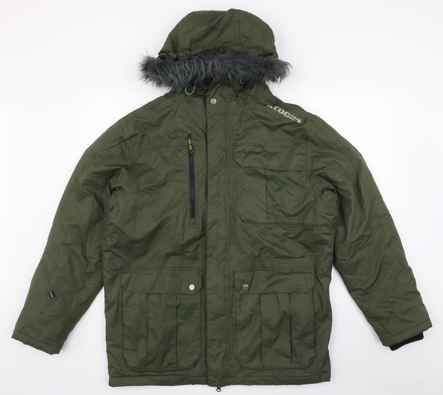 TOG 24 Mens Green   Parka Coat Size L  Zip - removable fur trim