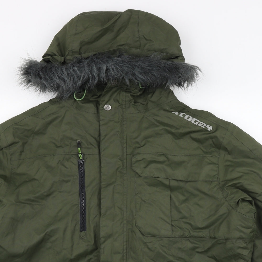 TOG 24 Mens Green   Parka Coat Size L  Zip - removable fur trim