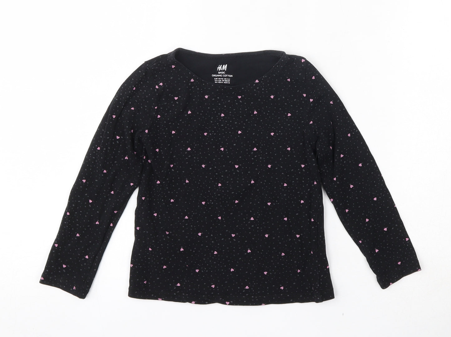 H&M Girls Black Geometric Cotton Basic T-Shirt Size 5-6 Years Round Neck