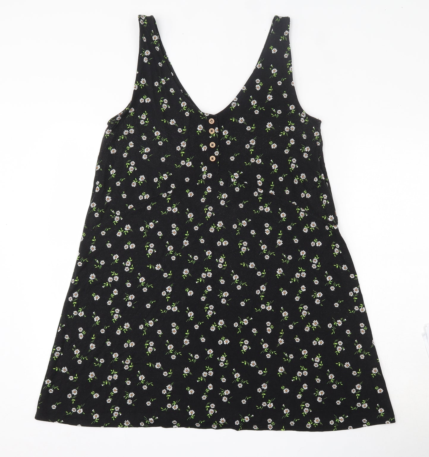 Pull&Bear Womens Black Floral Viscose Skater Dress  Size L  V-Neck Button