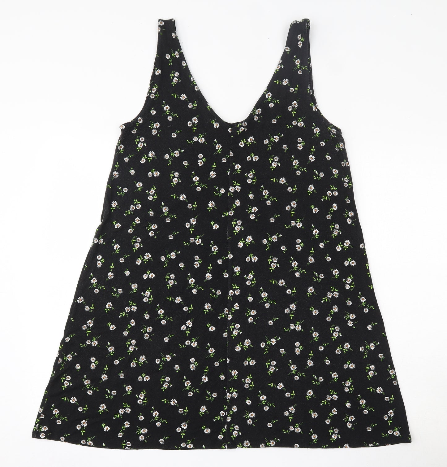 Pull&Bear Womens Black Floral Viscose Skater Dress  Size L  V-Neck Button
