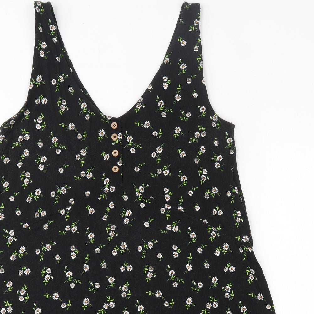 Pull&Bear Womens Black Floral Viscose Skater Dress  Size L  V-Neck Button